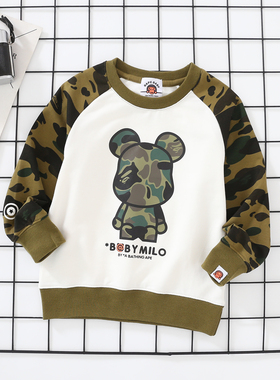 虎头鲨鱼APE字母印花中小童春秋新款毛圈套装男女童T恤