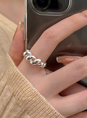 素创S925纯银牛角包菱格戒指女小众设计高级感麻花个性开口食指环