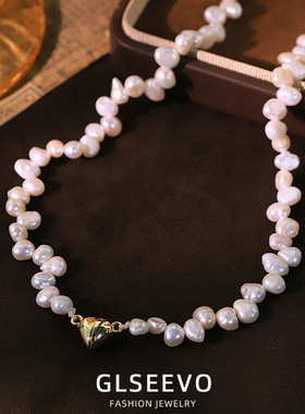 爱心铜扣天然珍珠项链女原创手工小清新百搭高级感串珠颈链锁骨链