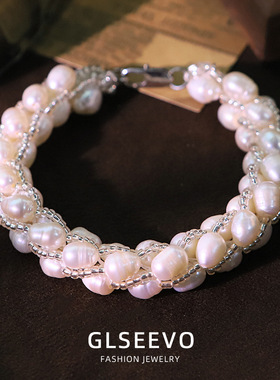 原创白色天然珍珠玻璃手链女轻奢百搭款小众高级感手镯手串手饰品