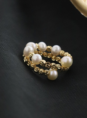 明星同款天然淡水珍珠戒指女素圈镀金开口指环轻奢百搭钢圈戒指