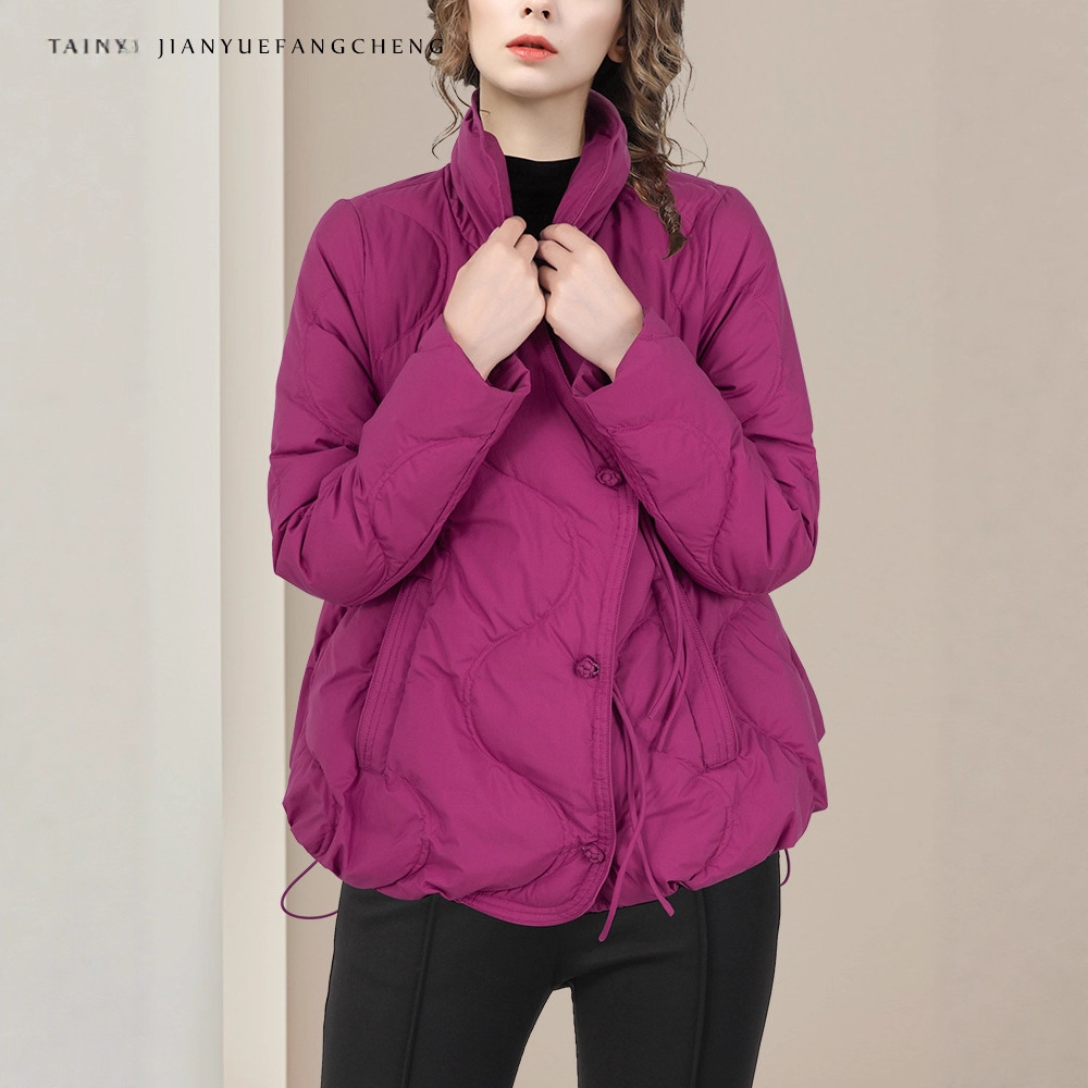 欧洲站2025秋冬玫红色羽绒服外套女宽松白鸭绒保暖面包服羽绒衣