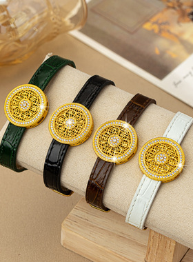 新款八宝罗盘真皮手带竹节纹表带古法金镶锆石手链转运手饰女批发