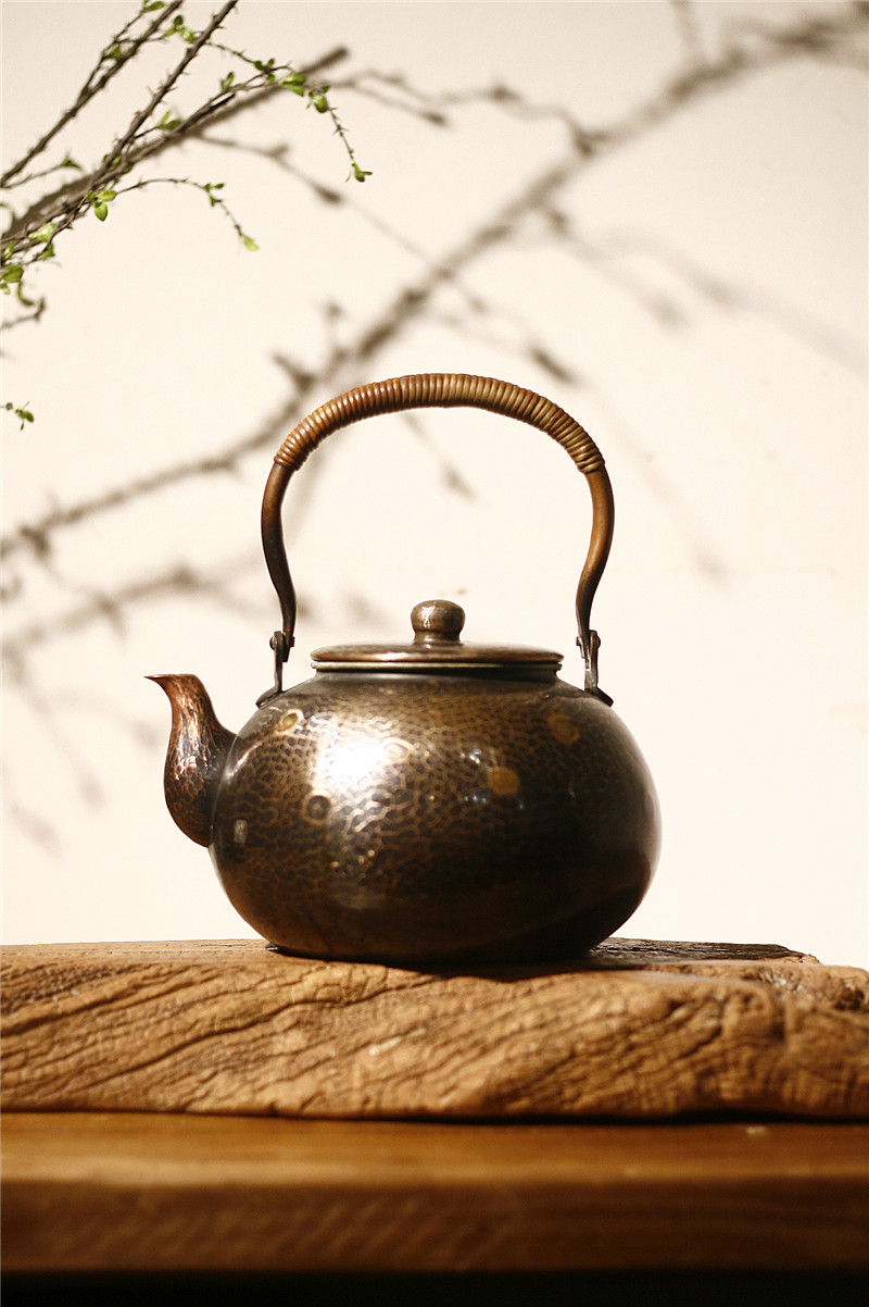 芳燕堂@平丸形老铜壶 - 日本旧物,铜打出锤目纹,大锤目,内镀锡