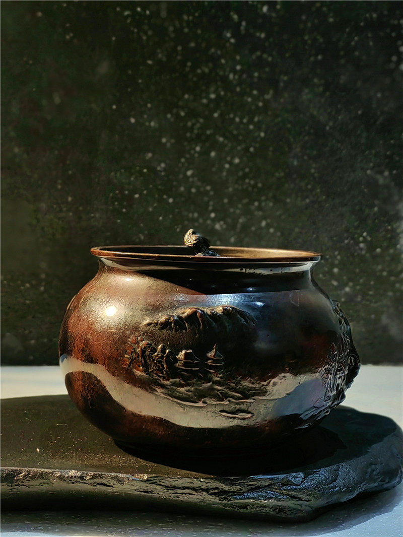 龟文堂/斑铜浮纹/汉诗山水建水 -二面山水楼阁浮纹，一面唐文汉