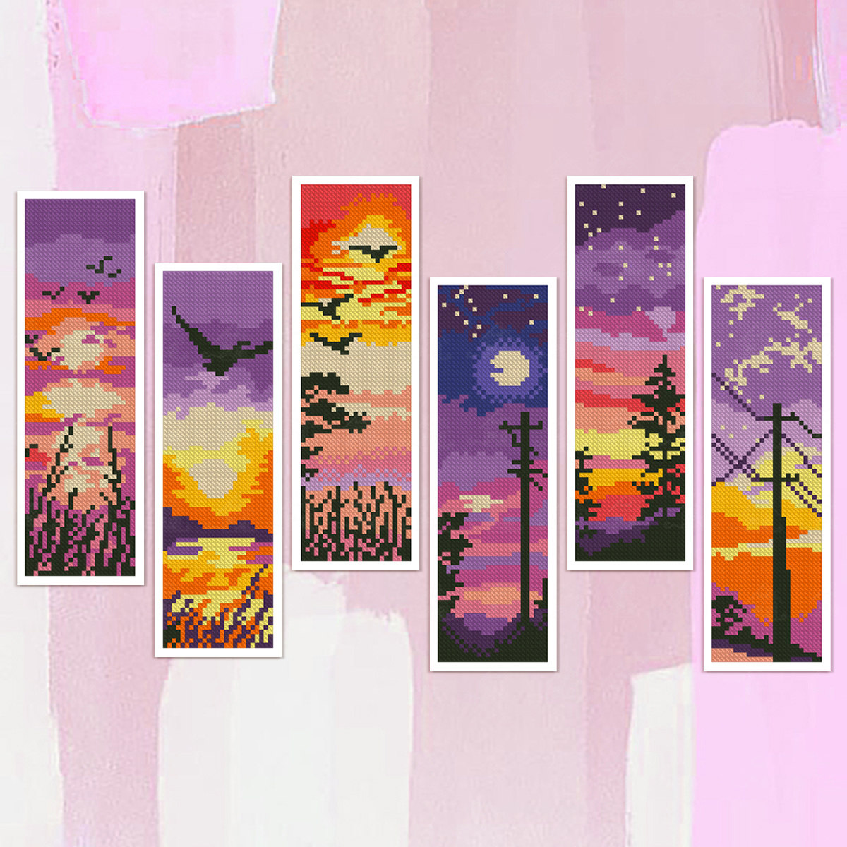 爱阁十字绣夜暮黄昏书签竖版简约现代唯美小件客厅书房手工线绣