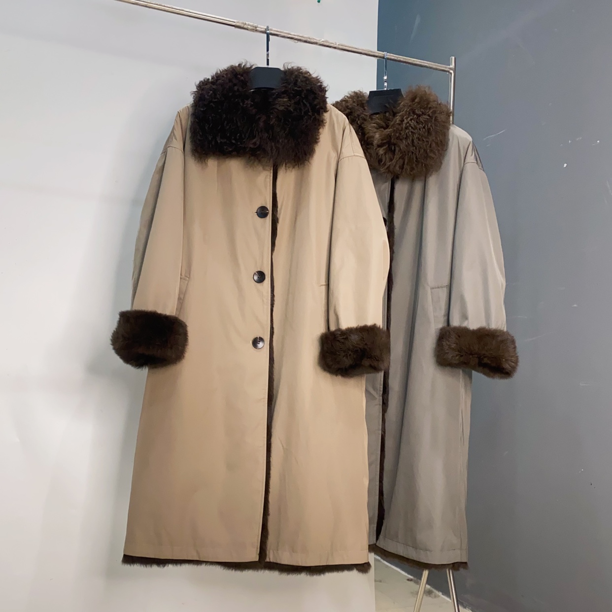 2025冬两面穿兔皮毛一体羊卷毛毛领长款派克服加厚保暖XKY长106