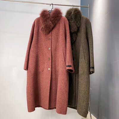 『倾城佳人』狐狸毛围脖70羊毛10天丝大衣女中长冬呢外套FDD长108