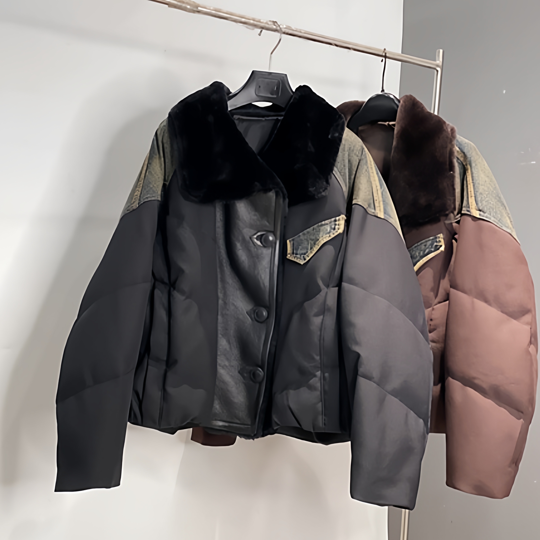 &不退换牛仔皮毛一体拼接鹅绒羽绒服女短款翻领盖口袋ZYM007长60