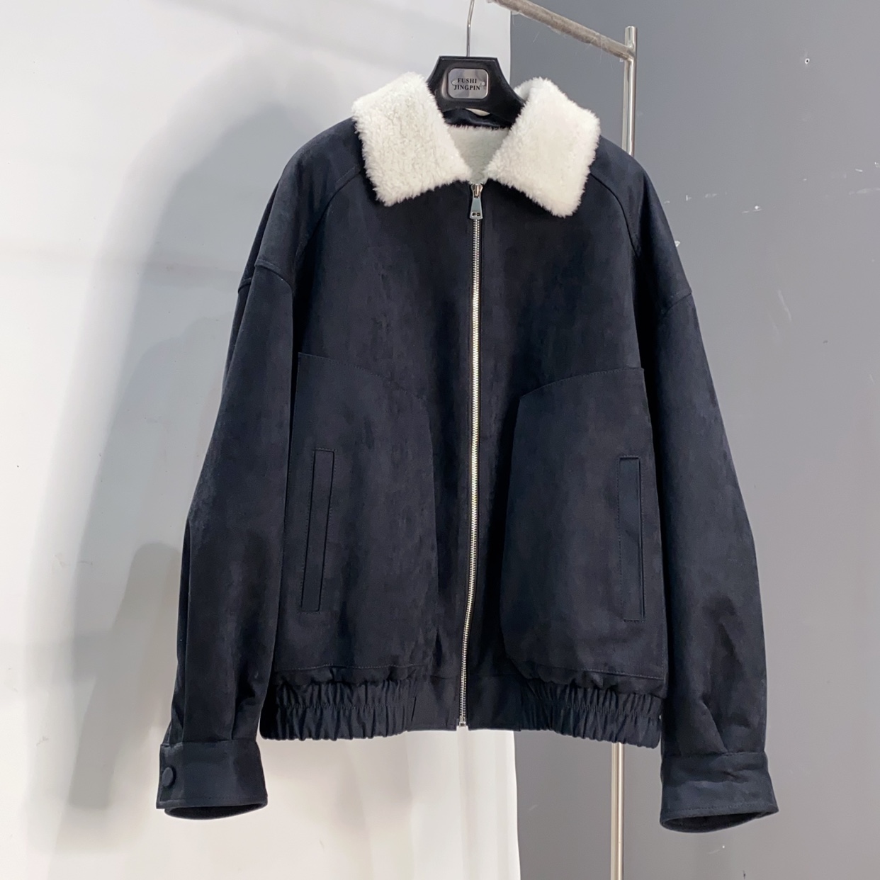秋冬新款羊羔毛拉链皮草外套女小翻领藏青色长62