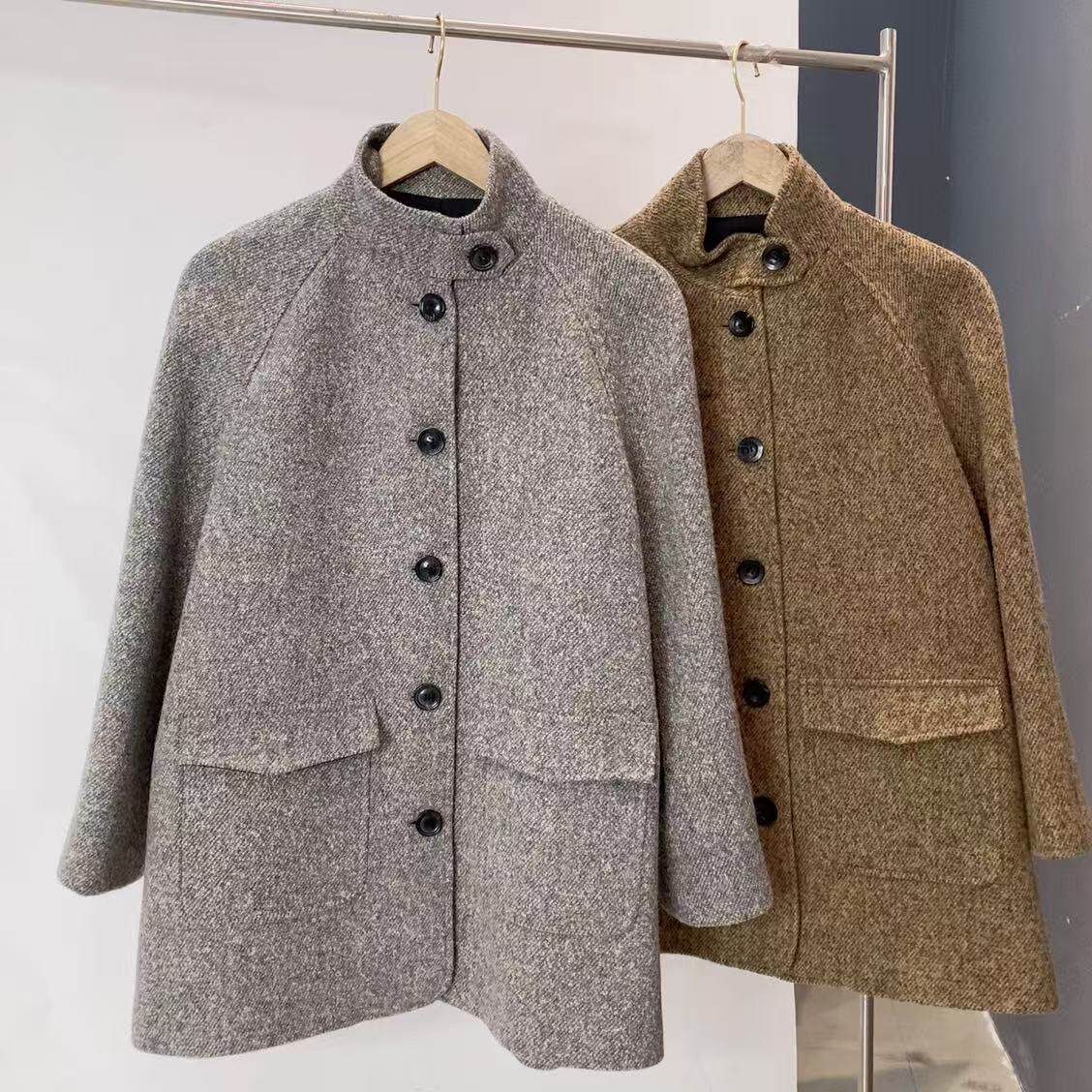 &春秋新款立领精纺大衣外套中长款立领纽扣百搭100%澳毛长74