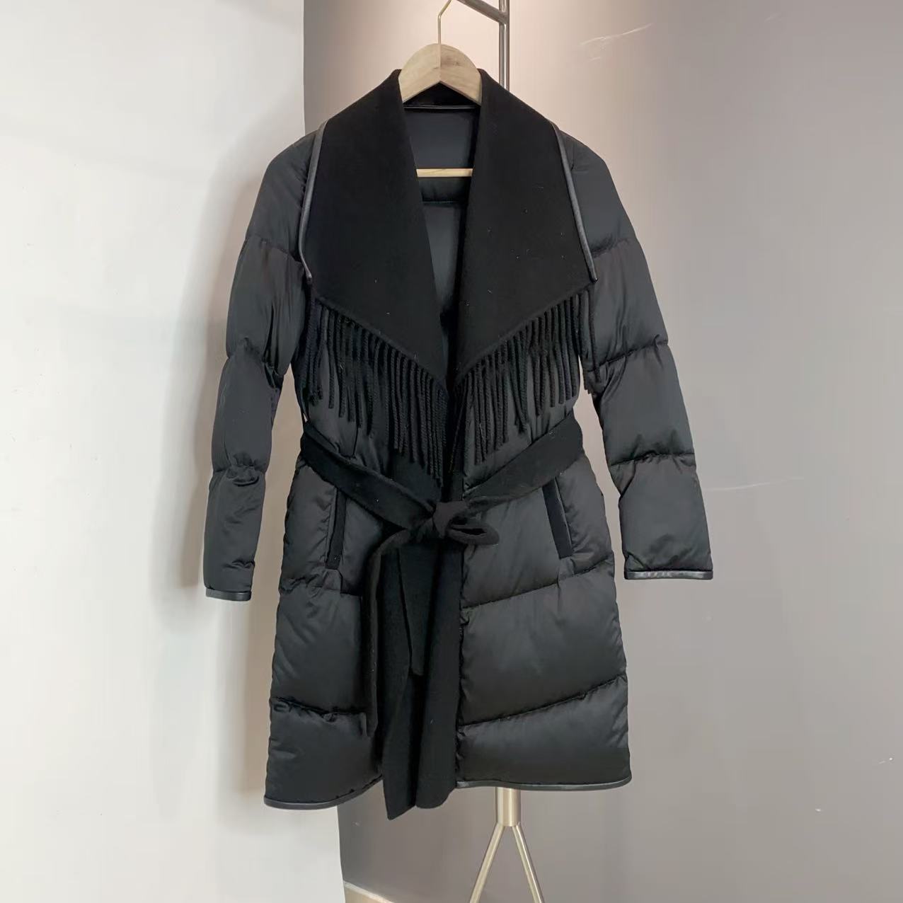 新款流苏白鹅绒羽绒服女中长款系带显瘦双面呢外套厚长91