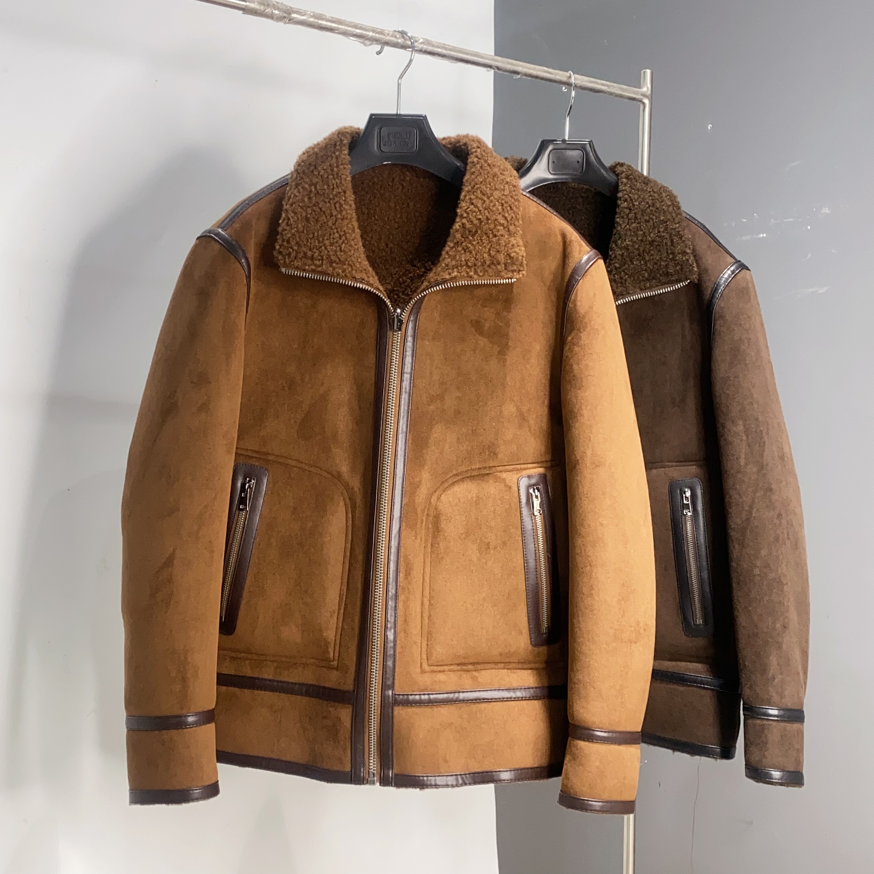 皮毛一体外套冬加绒麂皮绒皮衣夹克羊羔绒男士大衣复古皮袄BZH