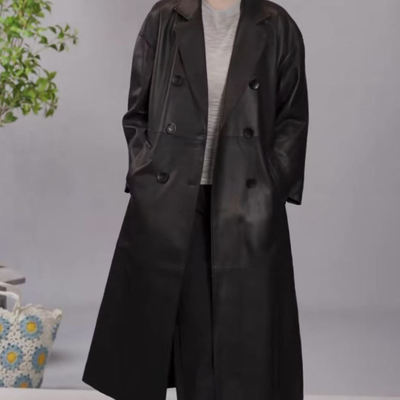 &不退换2025春新款黑色西装领中长款皮风衣外套女588长106
