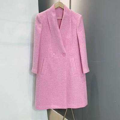 赫本风双面羊毛大衣女中长垫肩V领2025女士气质褶毛呢外套长92