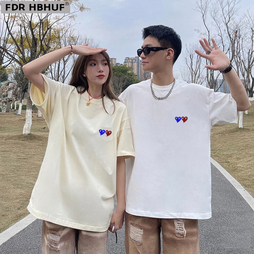 FDR HBHUF夏季男女同款爱心印花短袖宽松百搭设计感纯棉休闲T恤女