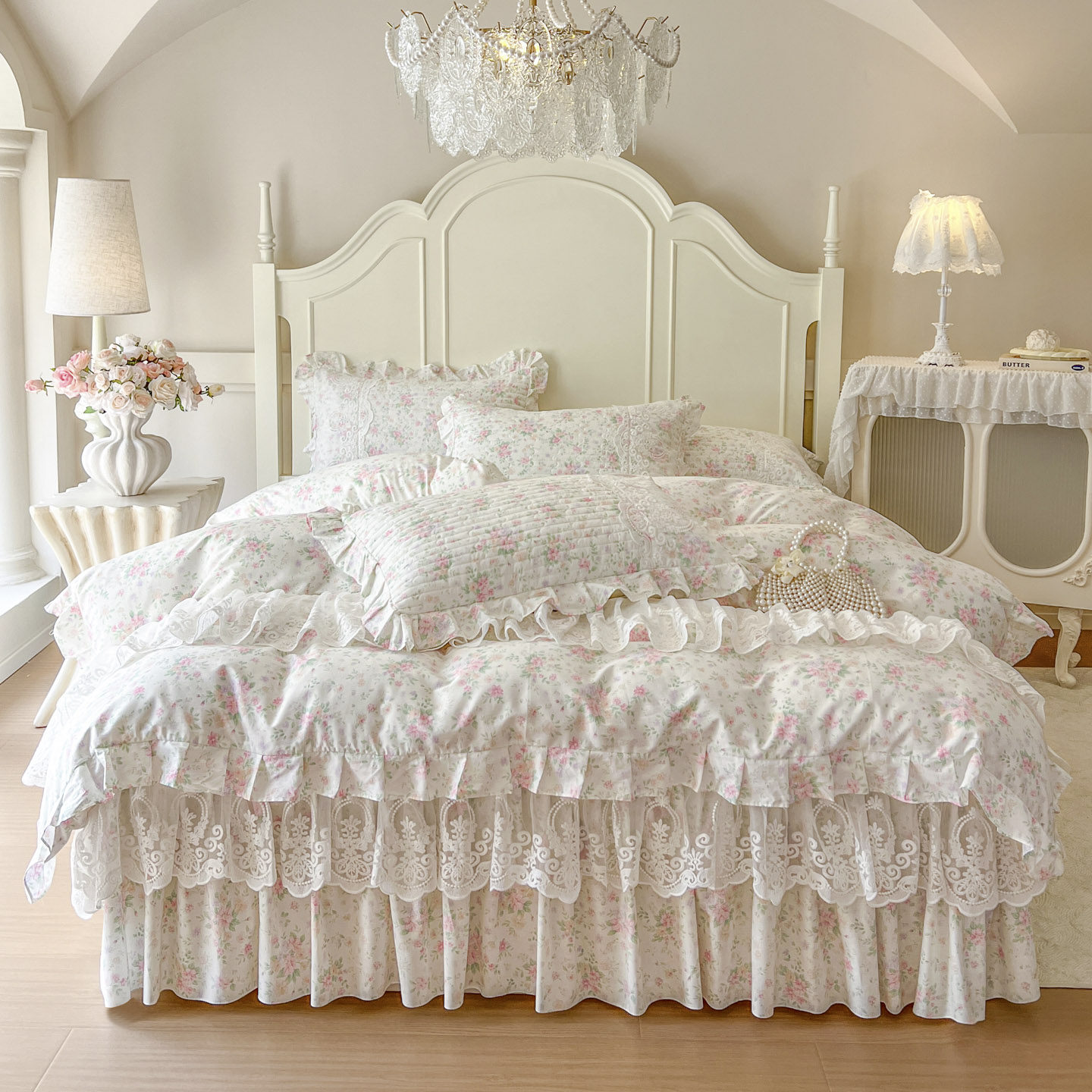 韩式全棉床上四件套床裙款公主风花边被套纯棉夹棉床罩床单四季款