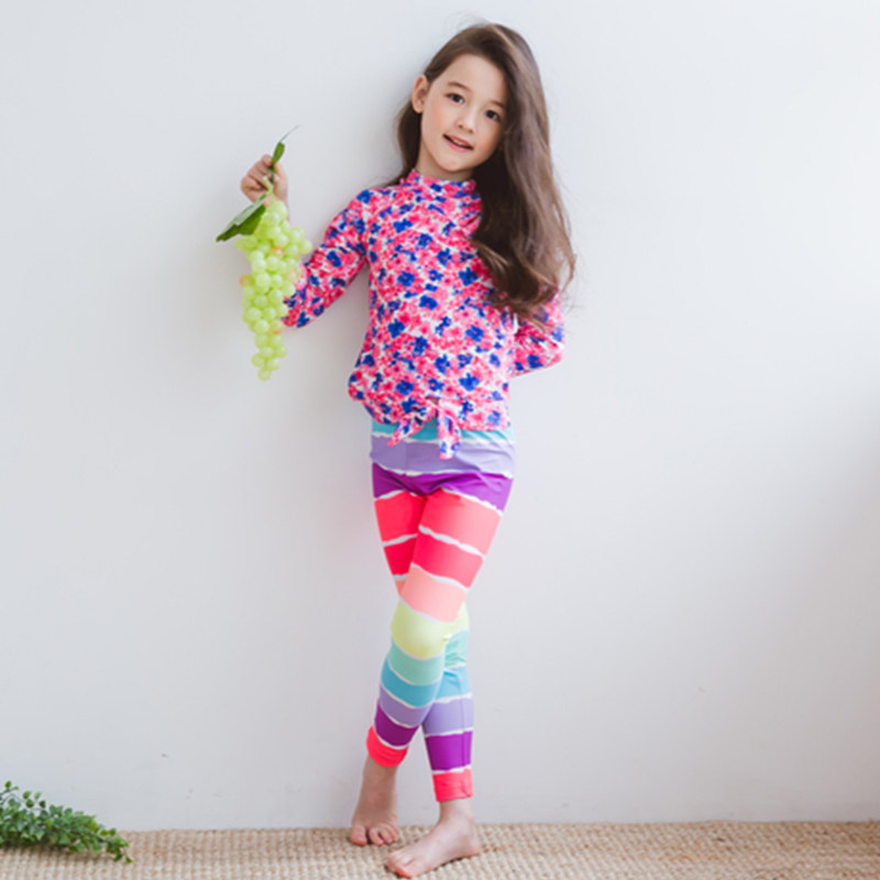 韩国韩范儿童泳衣中大童女童长袖长裤分体游泳衣防晒速干保暖泳装