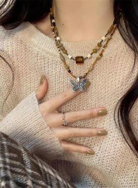 轻奢中式复古串珠项链女焦糖色设计级感蝴蝶结锁骨链毛衣链配饰潮