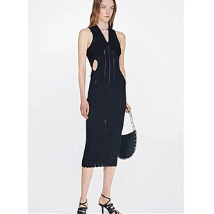 夏季连衣裙女V领修身收腰包臀针织裙子性感气质显瘦中长款镂空裙