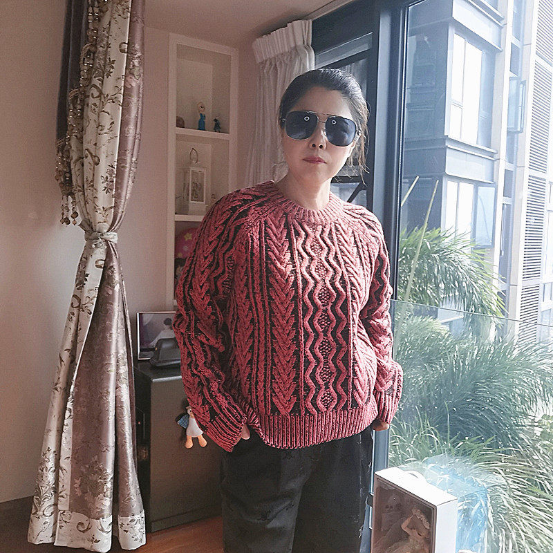 秋冬毛衣羊绒衫女士加厚套头长袖毛衫插肩拼色麻花直筒通勤针织衫