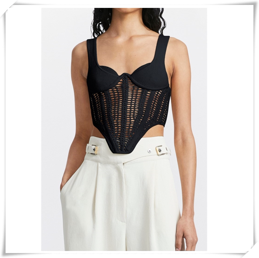 夏季吊带背心针织衫女士钢圈固定短款修身露背心双肩带无袖镂空衫