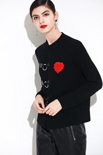 秋冬羊绒毛衣女装圆领毛衣钉珠车皮扣加厚长袖开衫外套撞色针织衫