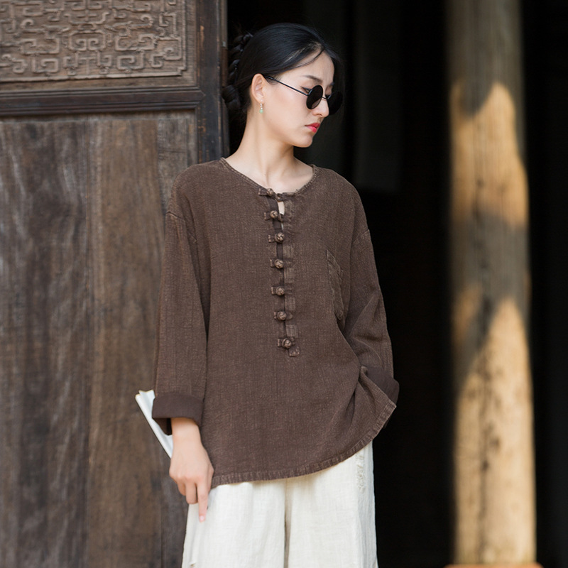 25秋季棉麻女装新款苎麻砂洗炒色打底衫个性小众国风改良女式T恤
