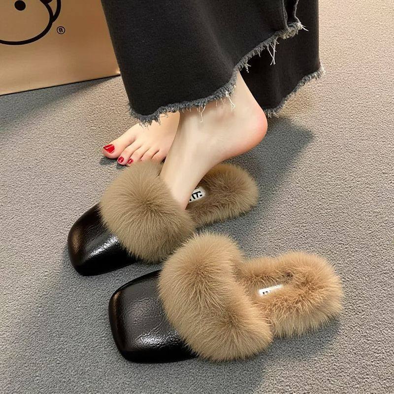新疆包邮毛毛拖鞋女2025秋冬新款一脚蹬皮面包头法式小香风外穿加
