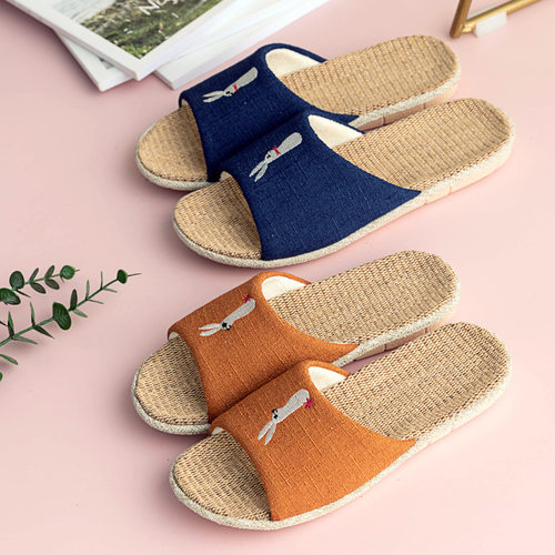 一家三口居家亲子棉麻厚底拖鞋室