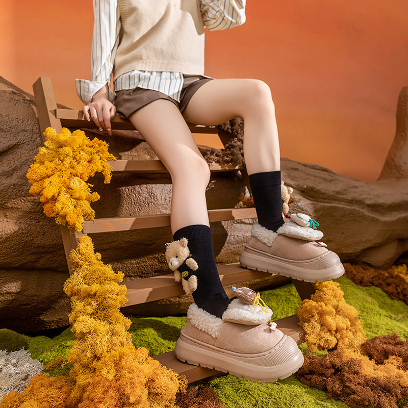 新疆包邮羊羔绒卡通熊包跟棉拖鞋女秋冬外穿百搭厚底防滑保暖加绒