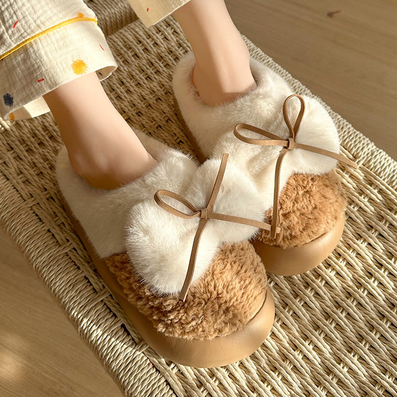 新疆包邮女生棉拖鞋秋冬季居家室内韩版蝴蝶结可爱学生保暖加绒厚