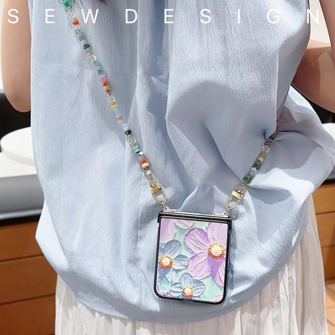 浚双适用小米mixflip2手机壳折叠屏中轴一体全包防摔novaflip保护壳pocket2女款三星Flip6花朵手提链斜背挂绳