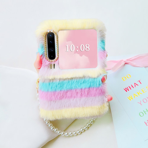 毛茸茸适用华为purax手机壳典藏版女款毛绒中轴包防摔带挂绳p50pocket2折叠屏保护壳novaflips新品荣耀vflip2