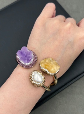 欧美风紫水晶巴洛克珍珠宽手镯小众设计感高级轻奢百搭真皮手环
