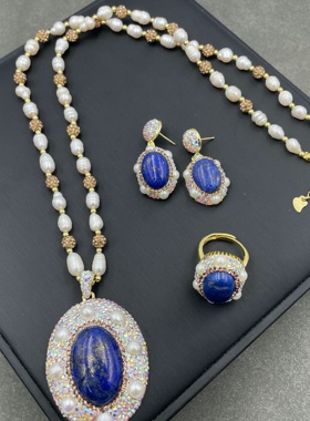 国风项链复古青金石毛衣链珍珠套装高档手工镶嵌捷克钻三件套