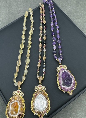 新款巴洛克淡水珍珠吊坠项链原石水晶毛衣链小众设计感高级感