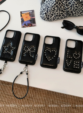 ins皮质铆钉高级爱心挂绳斜挎适用于苹果16promax15/14手机壳