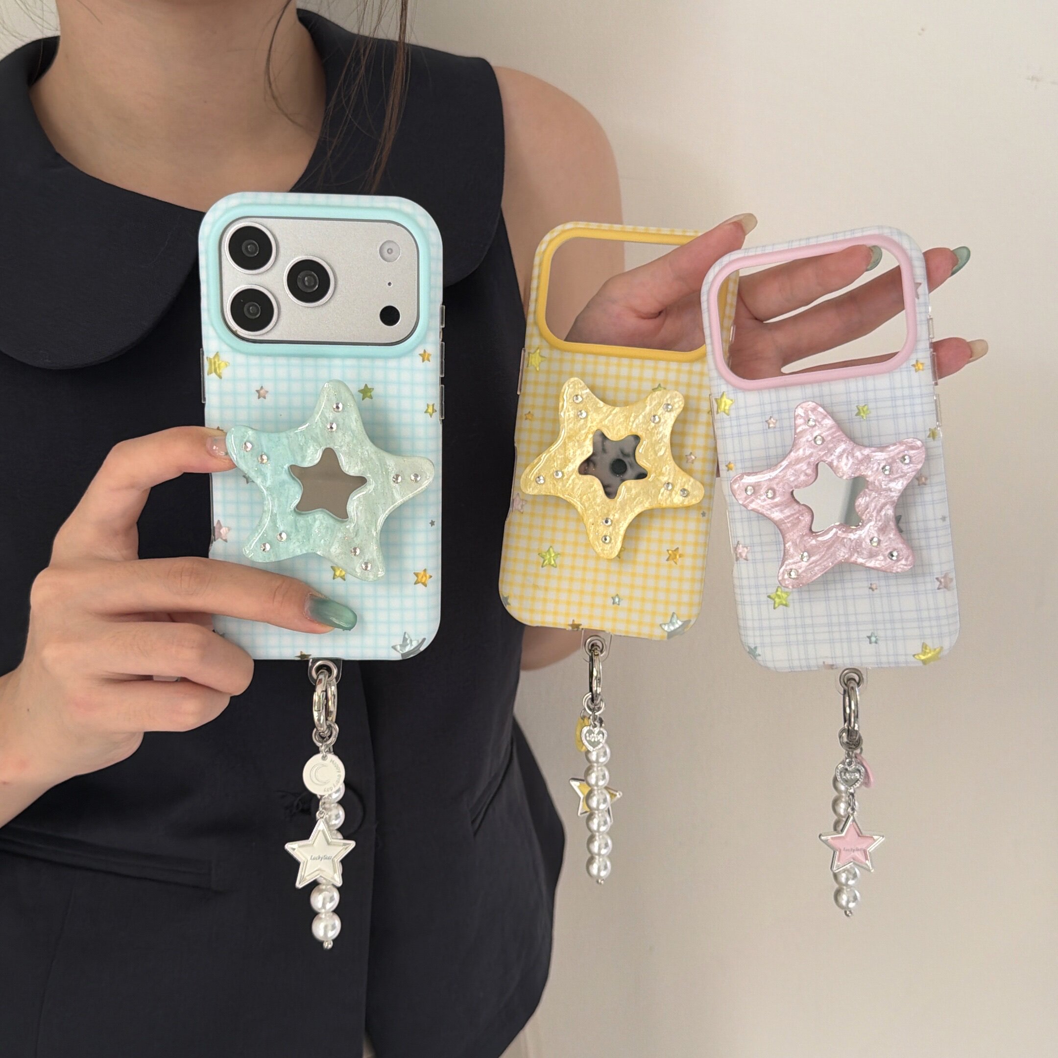 ins韩风钻石镜子格纹星星支架适用苹果17promax/iPhone16手机壳15