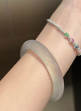 高冰马料马来加斯加白玉髓手镯玛瑙白月光玉镯女生荔枝冻冰透