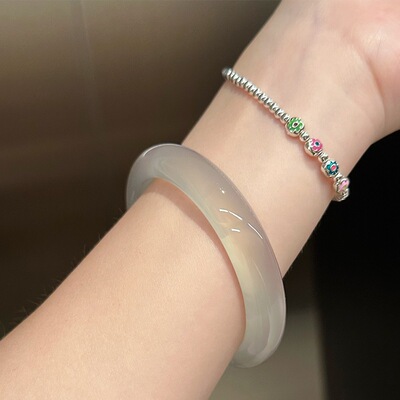 高冰马料马来加斯加白玉髓手镯玛瑙白月光玉镯女生荔枝冻冰透