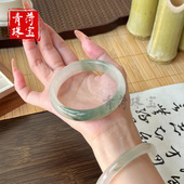 天然新疆天山翠手镯雪翠翡翠色飘花玉镯冰翠女款 金丝玉圆条扁镯