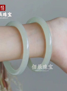 和田玉手镯新款外蒙料青白玉情侣手镯女款 圆形简约复古手环玉