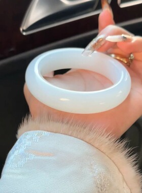 天然货新疆白玉金丝玉手镯羊脂白扁条少女款玉石镯子首饰