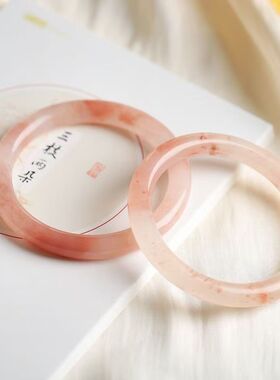 金丝玉手镯无注胶圆条手镯新疆桃花酿天然高冰透西柚色玉石手镯