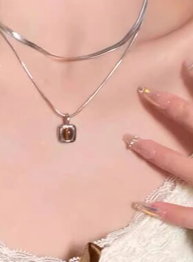 双层虎眼石吊坠项链女简约日常百搭气质高级感小众设计轻奢学生潮