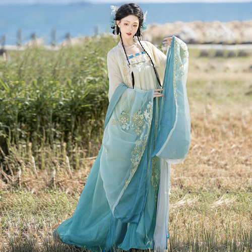 倚梦阁原创蓝羽汉服女中国风披帛内大袖外大袖齐胸裙套装9190