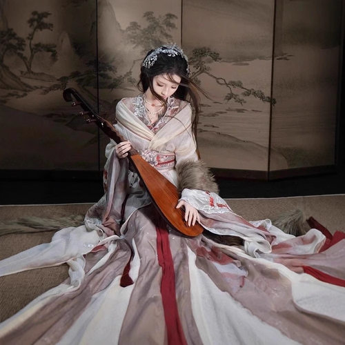 原创汉元素连衣裙齐腰战国袍异型花边吊带大袖重工刺绣女装套转