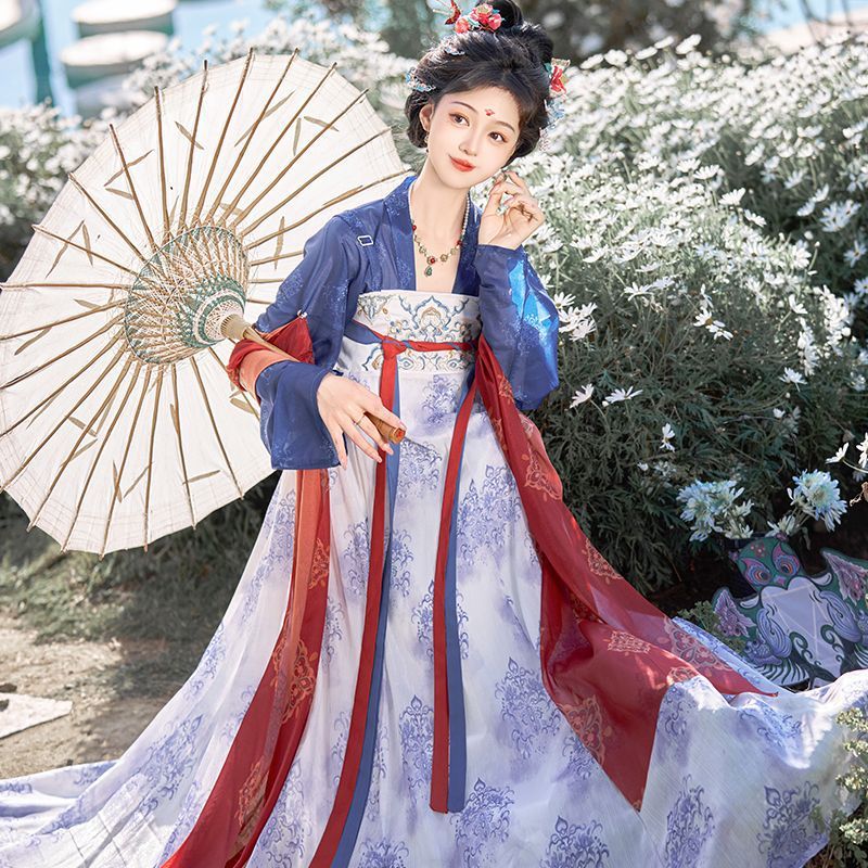 原创汉服2025新款唐制复原款青花瓷齐胸胸襦裙国风刺绣春夏款