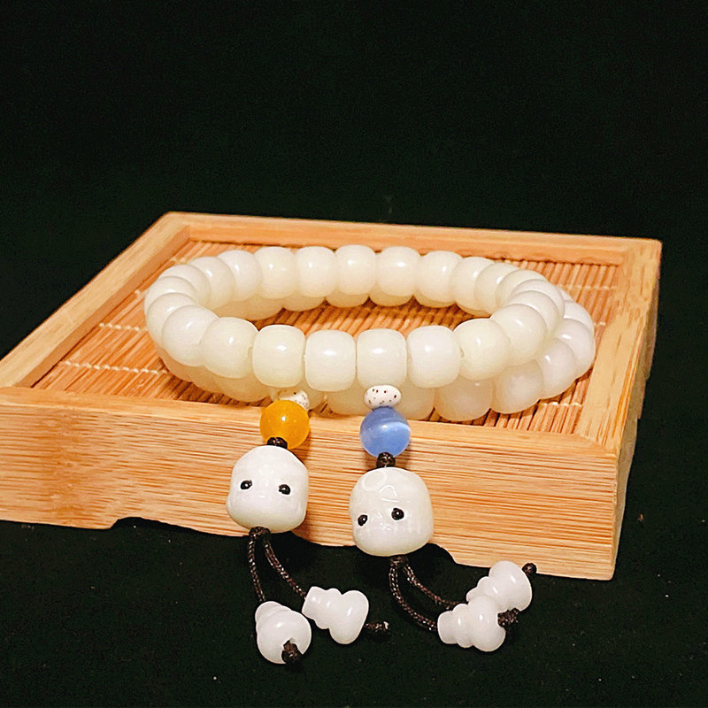 白玉菩提根雕刻阿呆佛头文玩手串天然单圈绕指柔老型桶珠佛珠念珠